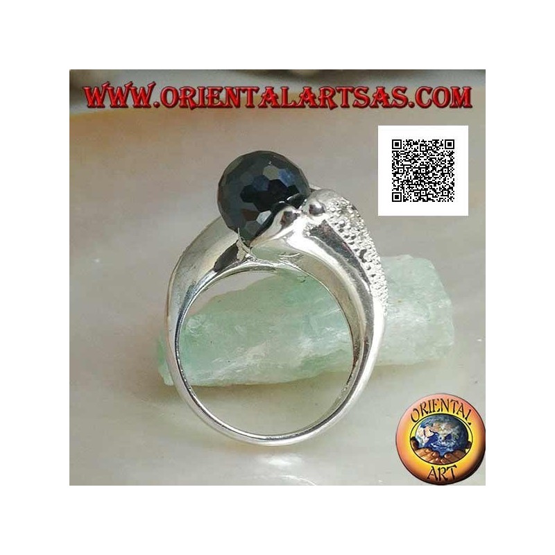 Bague en argent rhodié à deux bras avec deux sphères zircon spinelle facettées