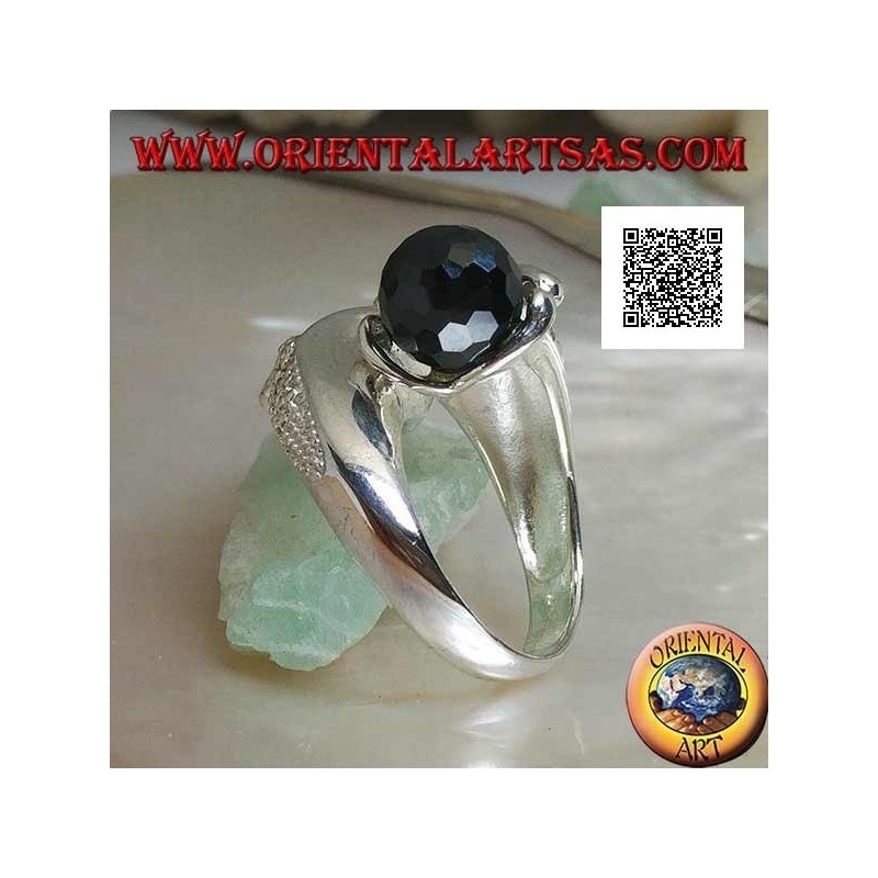 Two-arm rhodium silver ring with two faceted spinel zircon spheres