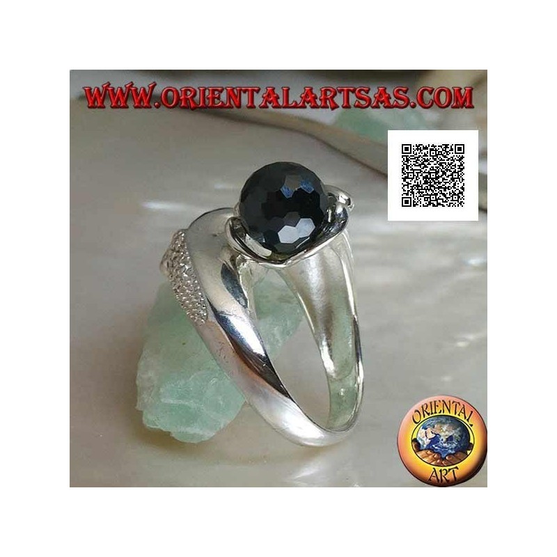 Bague en argent rhodié à deux bras avec deux sphères zircon spinelle facettées