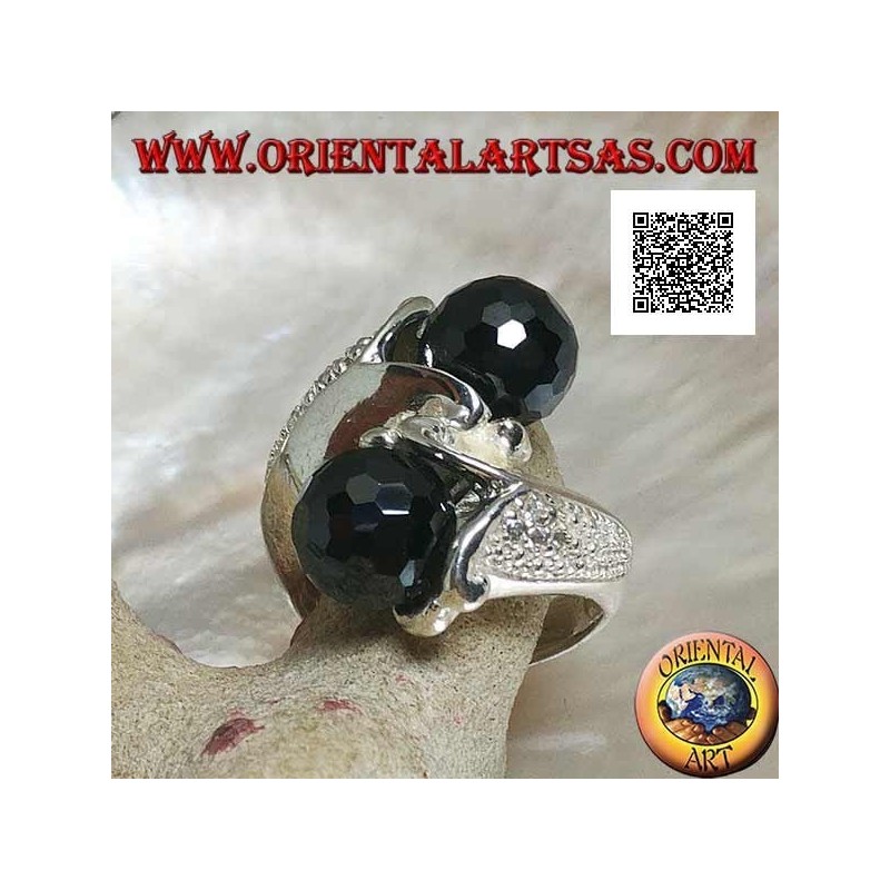 Bague en argent rhodié à deux bras avec deux sphères zircon spinelle facettées
