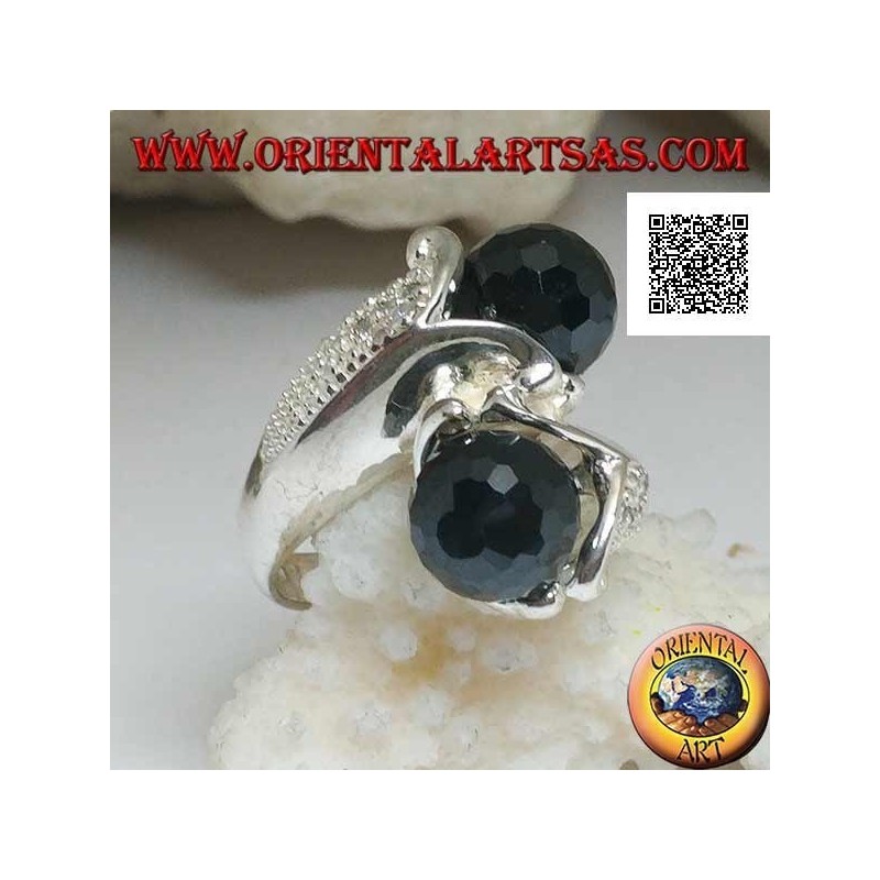 Anello in argento rodiato a due braccia con due sfere di zircone spinello sfaccettato