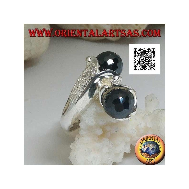 Bague en argent rhodié à deux bras avec deux sphères zircon spinelle facettées