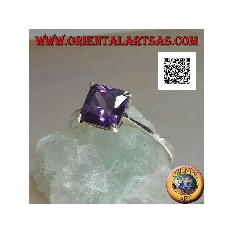 Rhodium-plated silver ring with amethyst-colored square zircon set with 4 clips