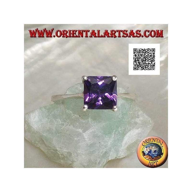 Rhodium-plated silver ring with amethyst-colored square zircon set with 4 clips