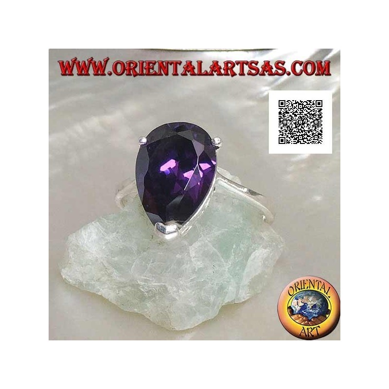 Rhodinierter Silberring mit amethystfarbenem Tropfenzirkon, besetzt mit 3 Clips