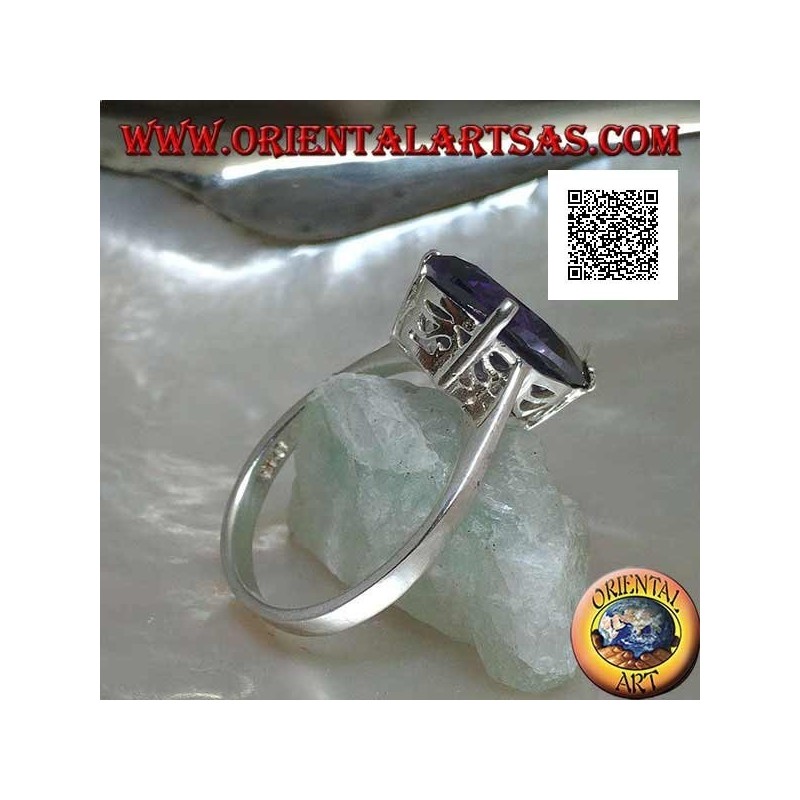 Bague en argent rhodié avec zircon goutte améthyste serti de 3 clips