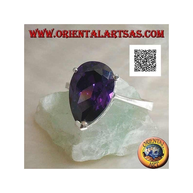 Rhodium-plated silver ring with amethyst-colored teardrop zircon set with 3 clips