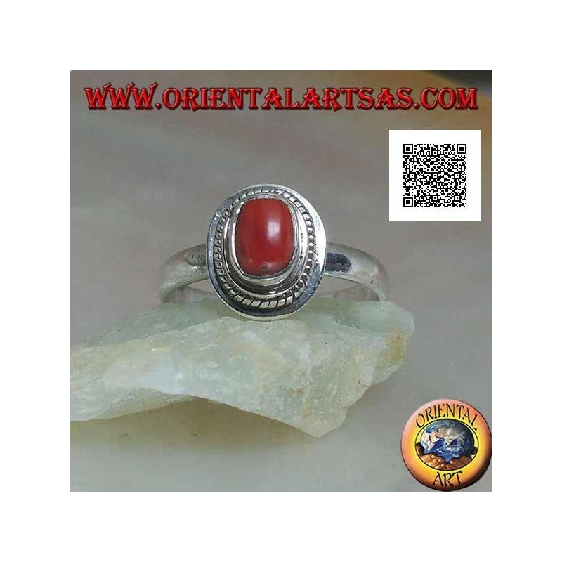 Silver ring with natural coral set in a braided edge (19)