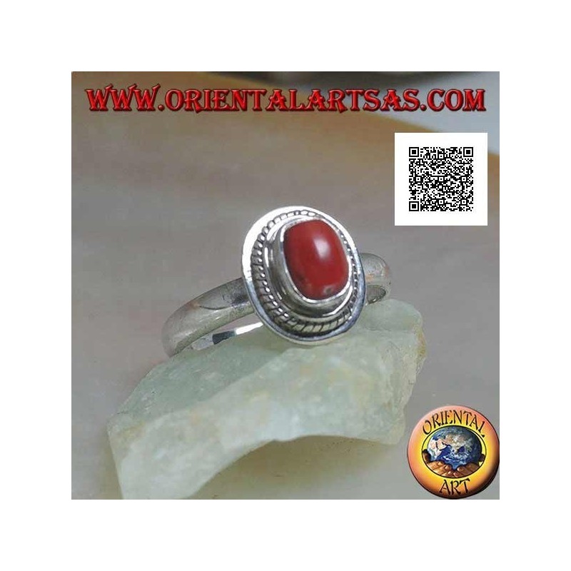 Anello in argento con corallo naturale incastonato in un bordo a treccia (19)