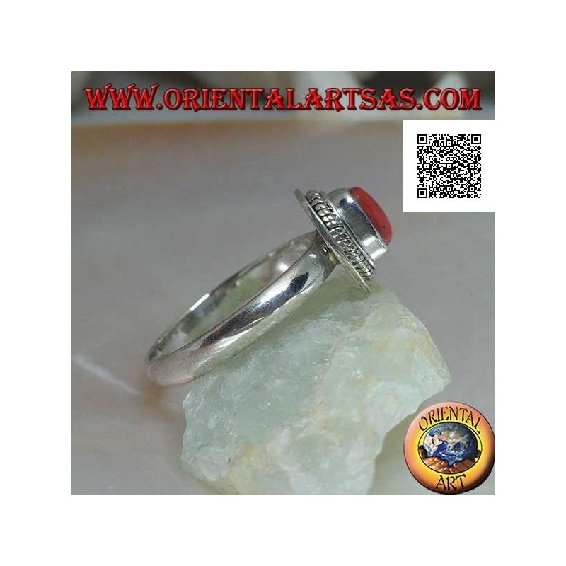 Silver ring with natural coral set in a braided edge (19)