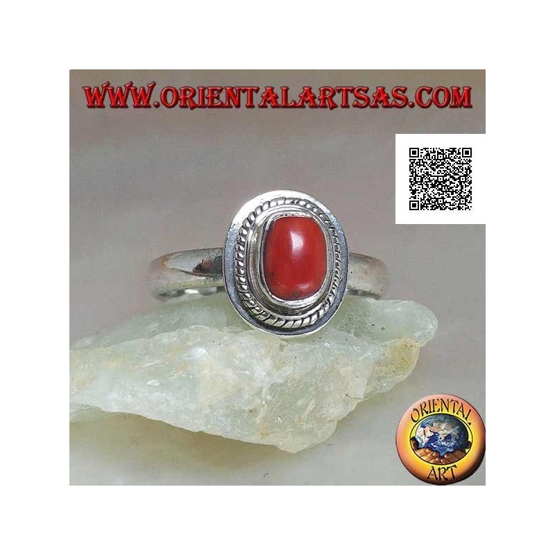 Anello in argento con corallo naturale incastonato in un bordo a treccia (19)