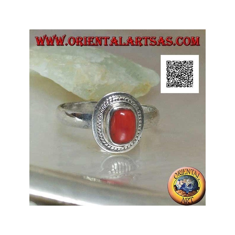 Bague en argent avec corail naturel serti dans un bord tressé (19)