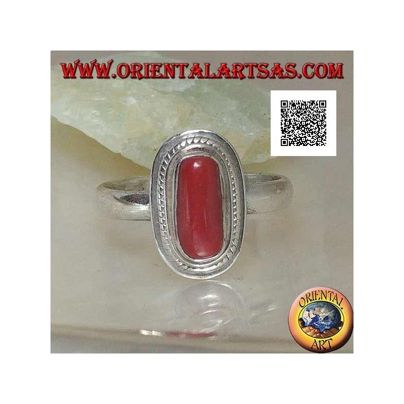 Bague en argent avec corail naturel serti dans un bord tressé (16)