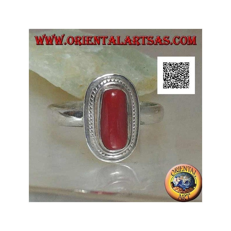 Bague en argent avec corail naturel serti dans un bord tressé (16)