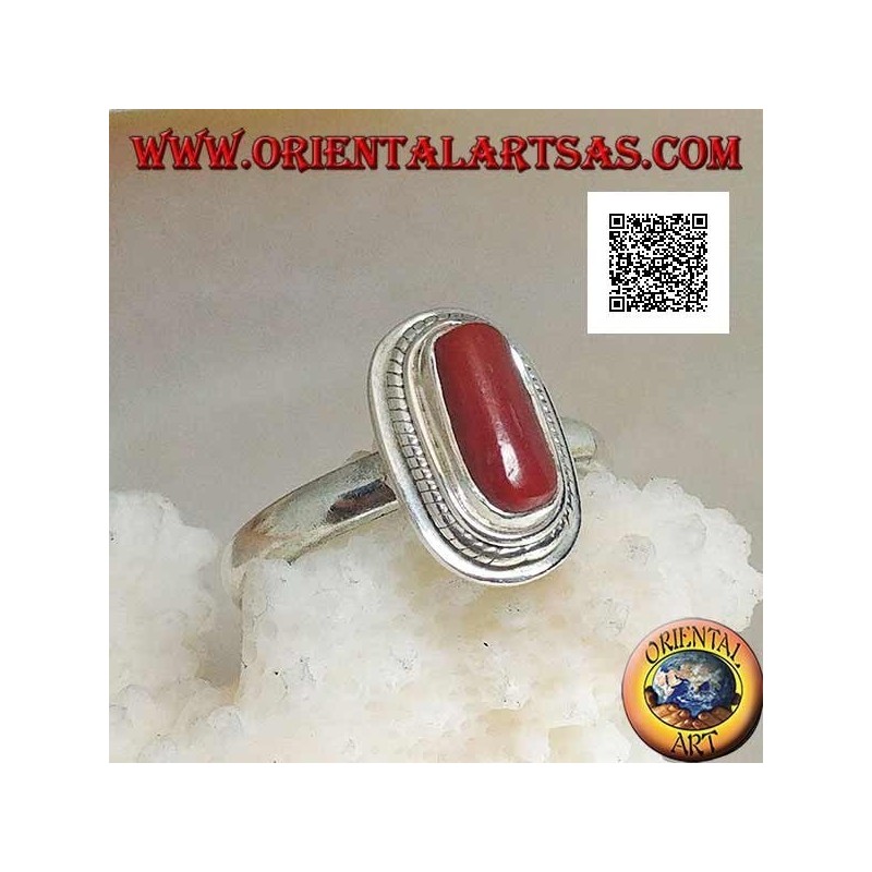 Anello in argento con corallo naturale incastonato in un bordo a treccia (16)
