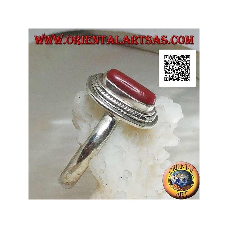 Silver ring with natural coral set in a braided edge (16)