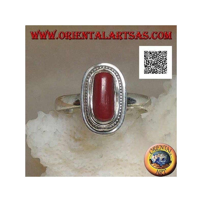 Bague en argent avec corail naturel serti dans un bord tressé (16)