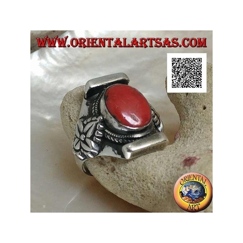 Bague en argent avec corail tibétain antique ovale en serti népalais avec feuille sur les côtés