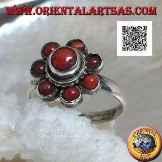 Anello in argento a forma di fiore di corallo tibetano antico a sette petali