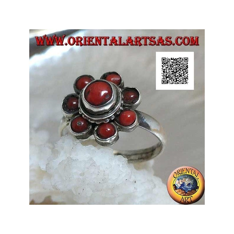 Bague en argent en forme de fleur de corail tibétain antique à sept pétales