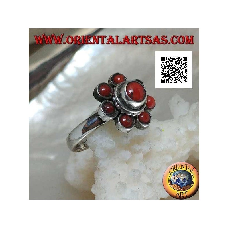 Anillo de plata con forma de flor de coral tibetana antigua con siete pétalos