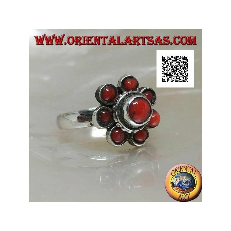Silver ring in the shape of an antique Tibetan coral flower with seven petals