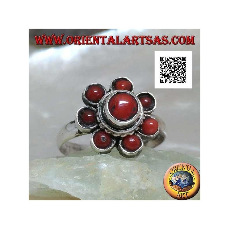 Anillo de plata con forma de flor de coral tibetana antigua con siete pétalos