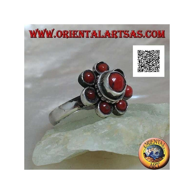 Anello in argento a forma di fiore di corallo tibetano antico a sette petali