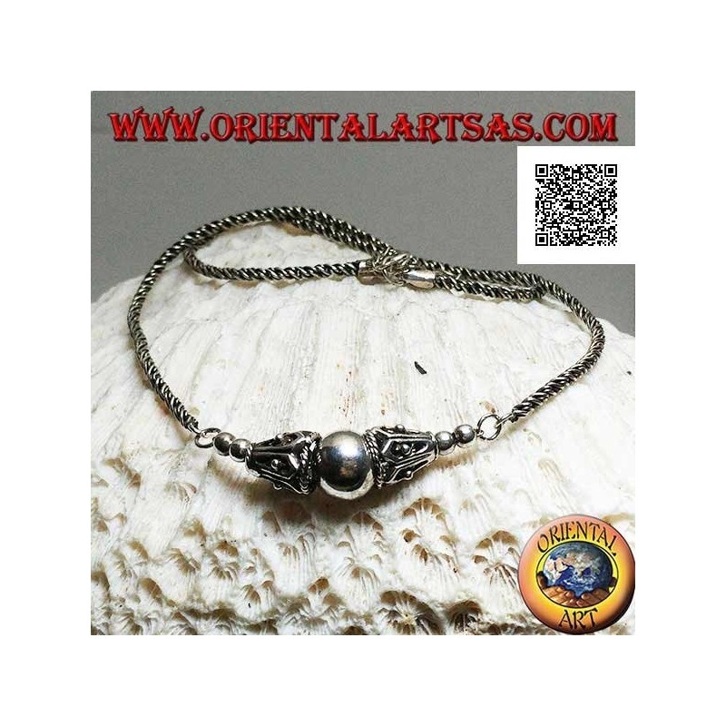 Silver necklace with coiled link with smooth central sphere between two decorated cones