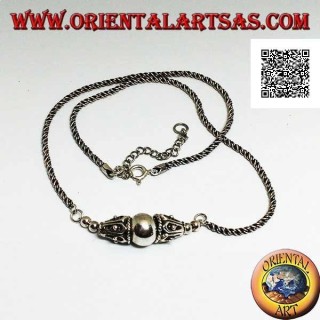 Silver necklace with coiled link with smooth central sphere between two decorated cones