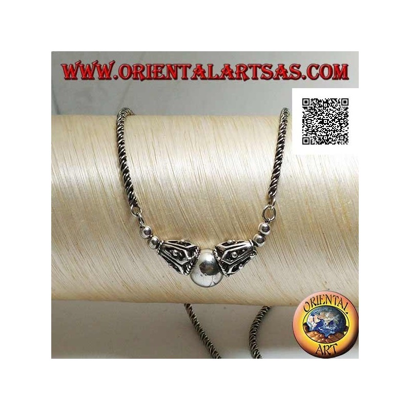 Silver necklace with coiled link with smooth central sphere between two decorated cones