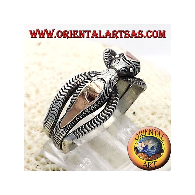 anello due cobra in argento con lamina in oro 14 carati