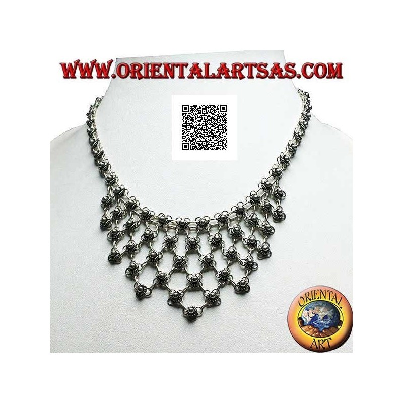 Silber Choker Halskette aus verketteten Blumen mit Blumendekor auf der Brust