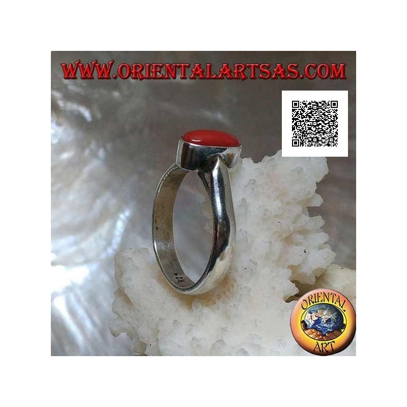 Silver ring with oval antique Tibetan coral in relief on a simple setting