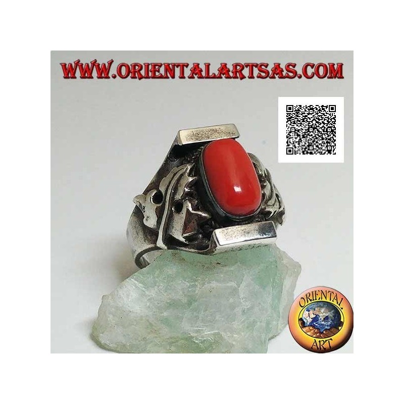 Silver ring with oval antique Tibetan coral in Nepalese setting with maple leaf on the sides
