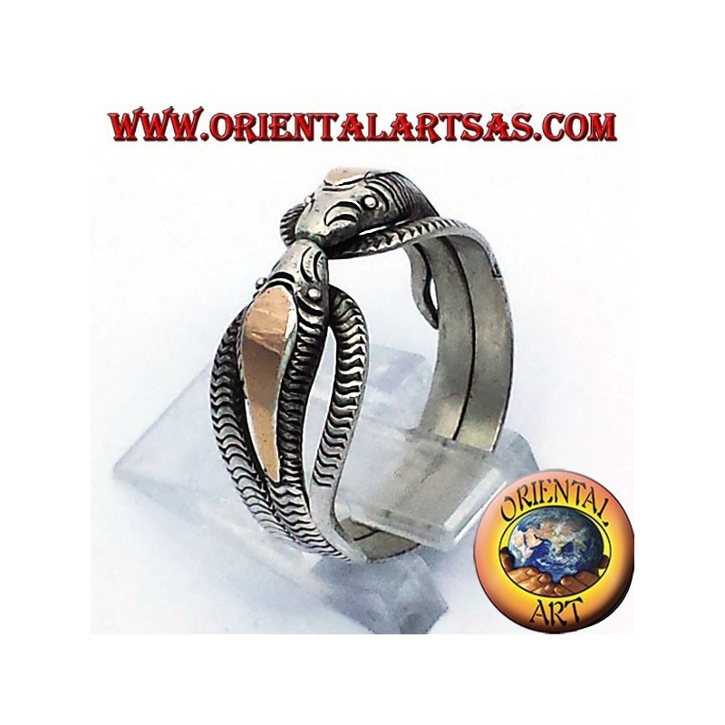 zwei Kobras in Silber mit 14 Karat Blattgold Ring