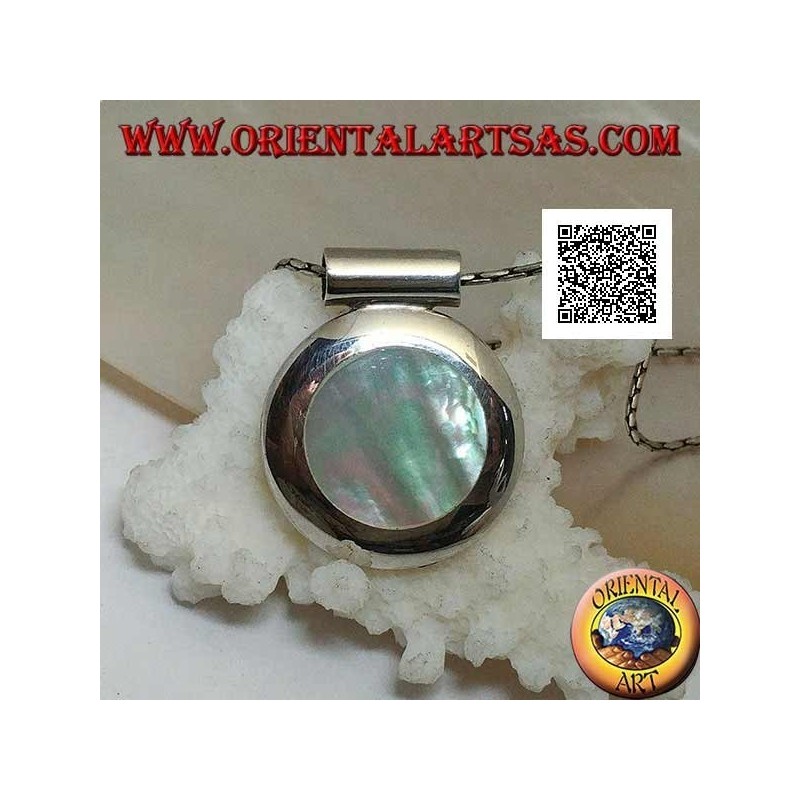 Silver pendant with round mother of pearl on smooth side frame and tubular hook
