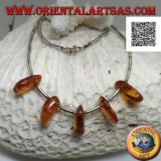 925 ‰ silver choker necklace, threaded silver tubes and amber drops