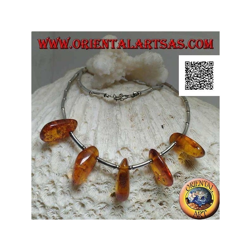 Collier ras de cou en argent 925 ‰, tubes en argent fileté et gouttes d'ambre