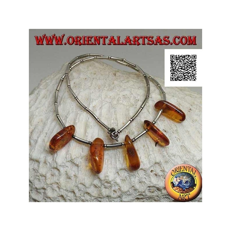 925 ‰ silver choker necklace, threaded silver tubes and amber drops