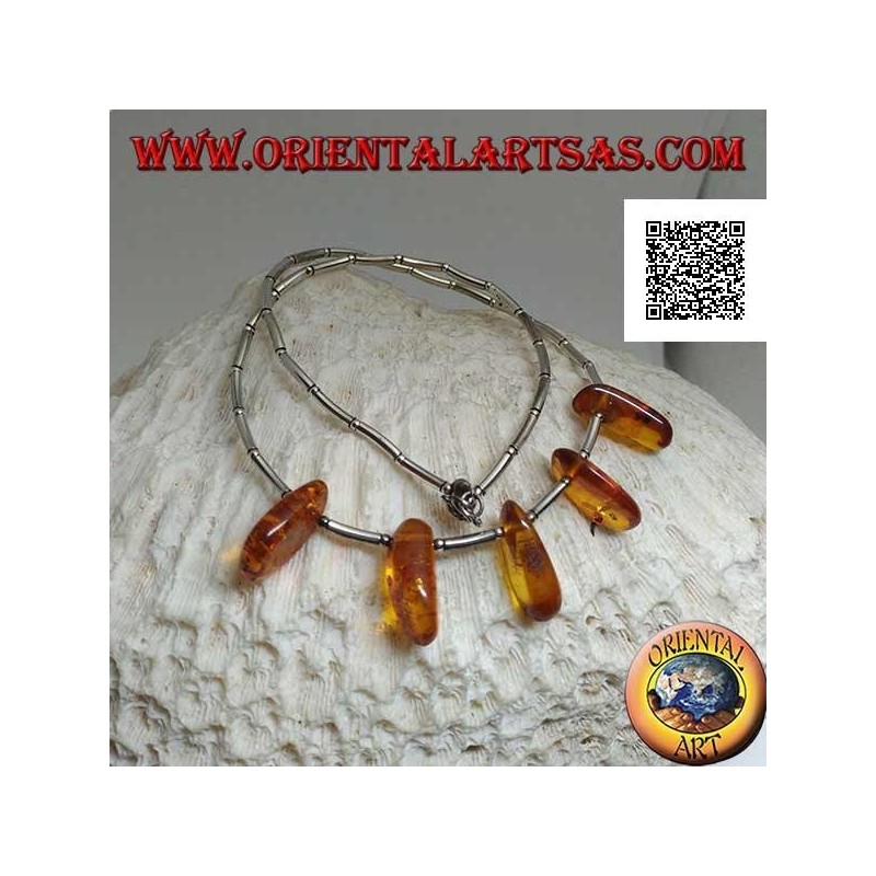 Collier ras de cou en argent 925 ‰, tubes en argent fileté et gouttes d'ambre
