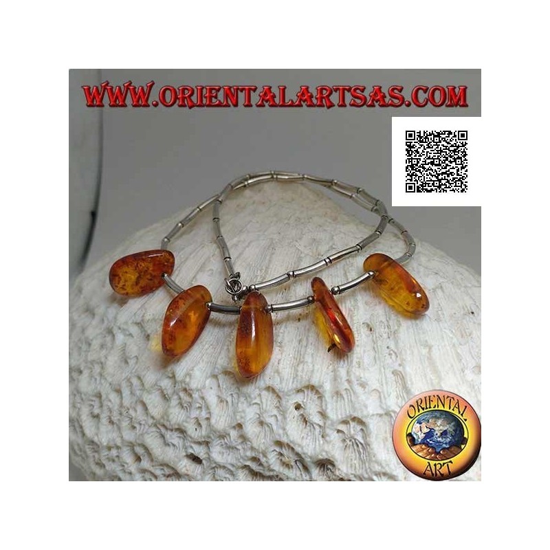 Collier ras de cou en argent 925 ‰, tubes en argent fileté et gouttes d'ambre