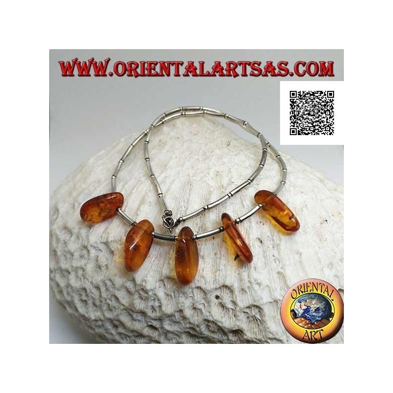 925 ‰ silver choker necklace, threaded silver tubes and amber drops