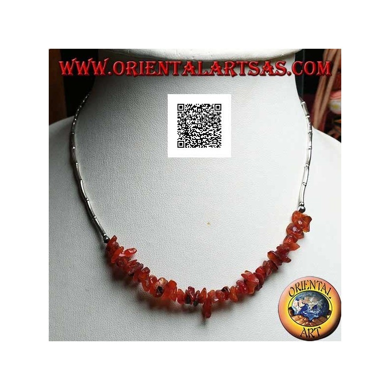 925 ‰ silver choker necklace, threaded silver tubes and amber fragments