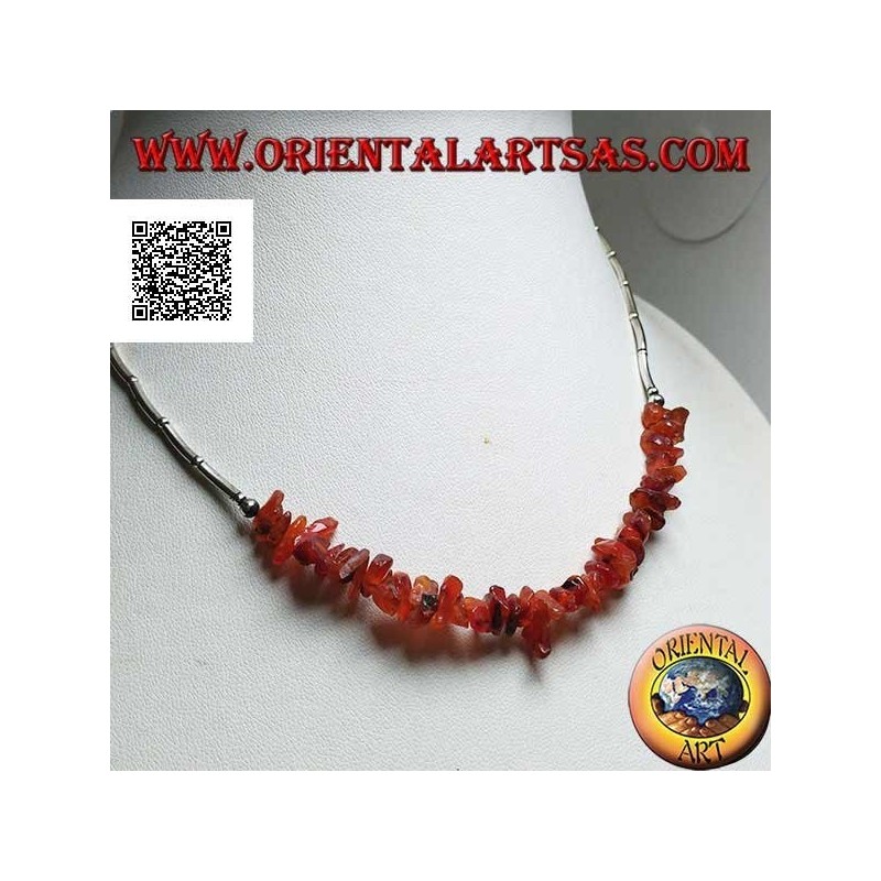 925 ‰ silver choker necklace, threaded silver tubes and amber fragments