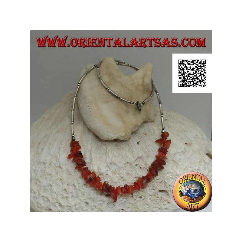 Collier ras de cou en argent 925 ‰, tubes en argent fileté et fragments d'ambre