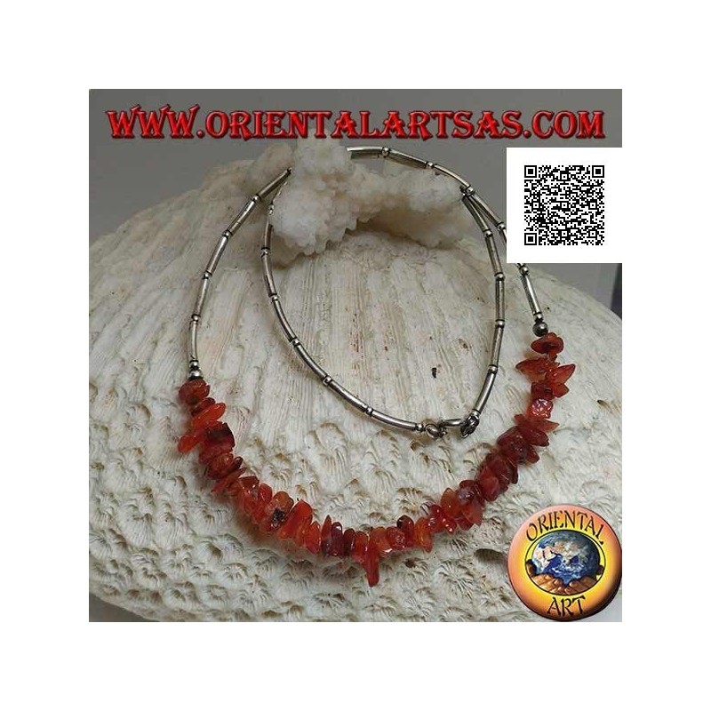 925 ‰ silver choker necklace, threaded silver tubes and amber fragments