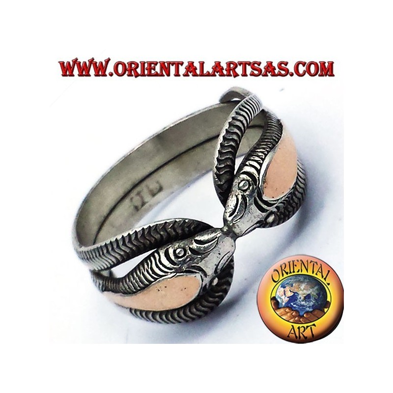 zwei Kobras in Silber mit 14 Karat Blattgold Ring