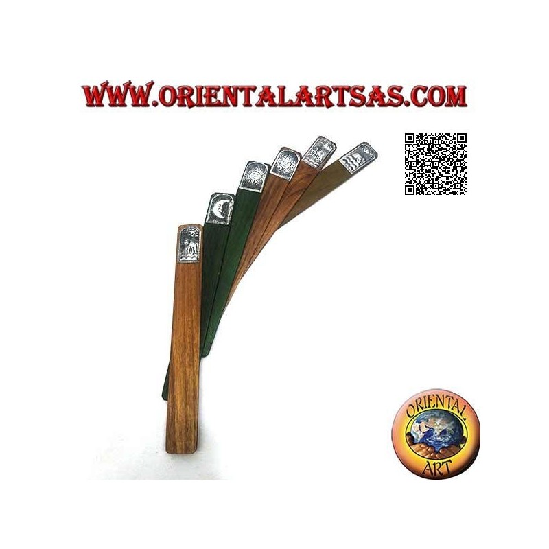Ensemble de 6 marque-pages étroits en bois de teck avec plaque décorée en maillechort ou argent
