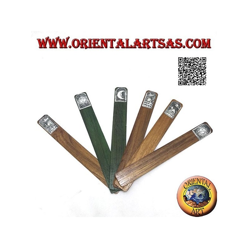 Ensemble de 6 marque-pages étroits en bois de teck avec plaque décorée en maillechort ou argent